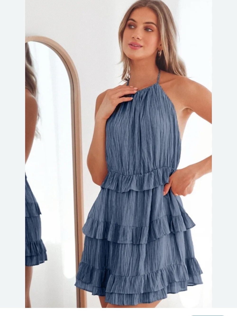 Lulu's Slate Blue Halter Ruffle Mini Dress